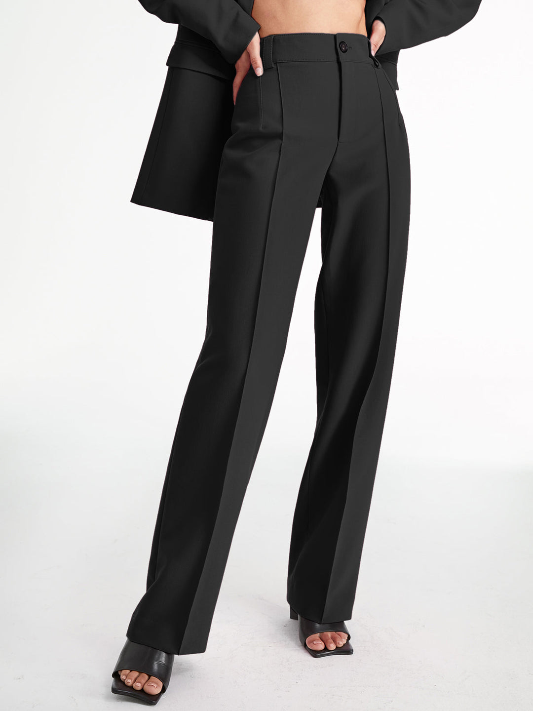 Pantalon Droit Taille Haute à Plis, Couleur Unie