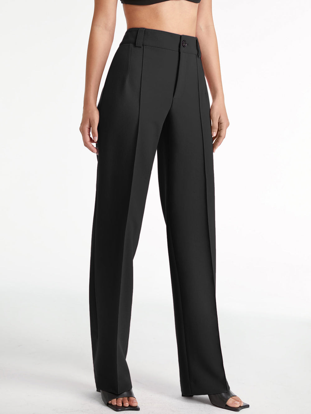 Pantalon Droit Taille Haute à Plis, Couleur Unie