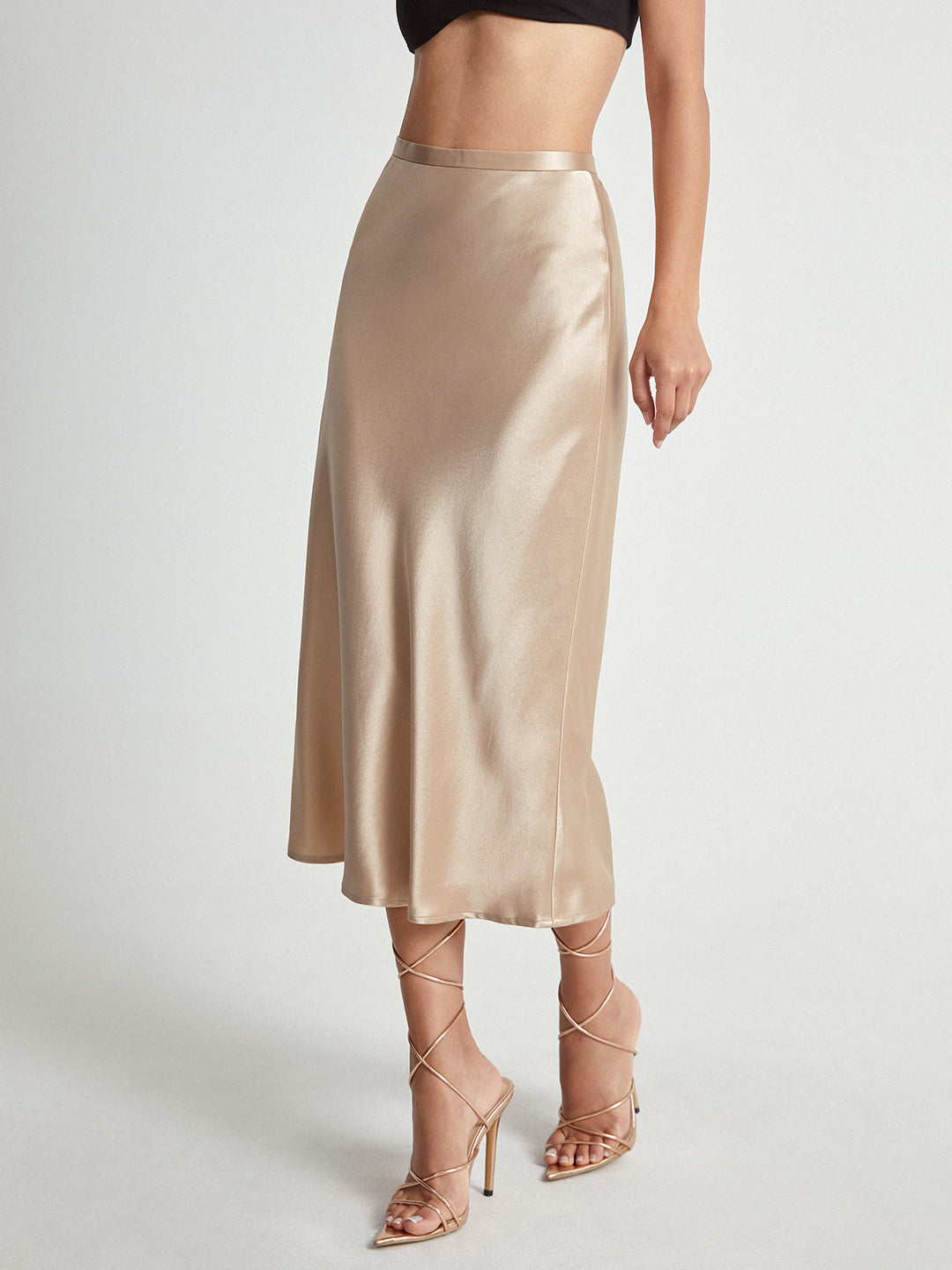 Jupe Midi Fluide Satinée Taille Haute