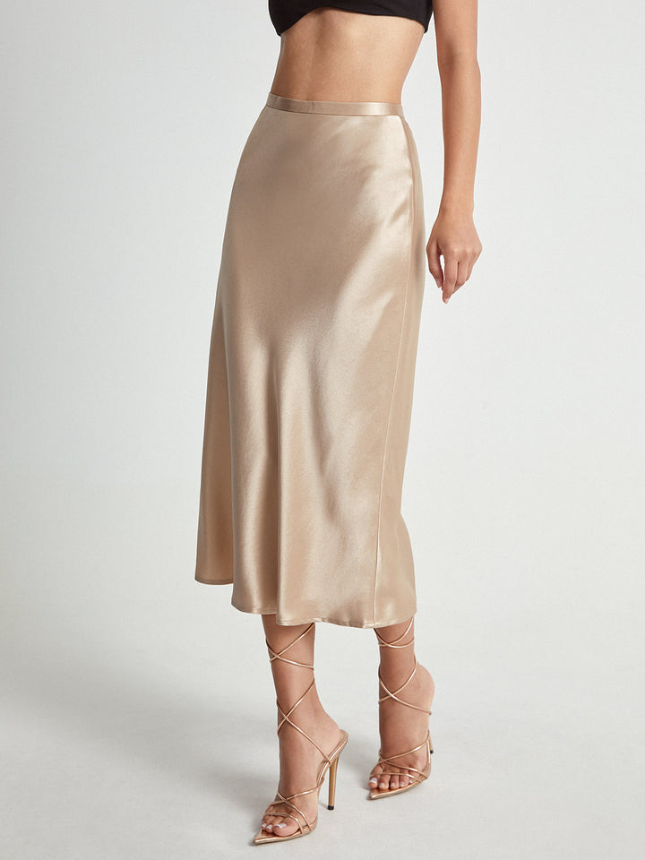 Jupe Midi Fluide Satinée Taille Haute