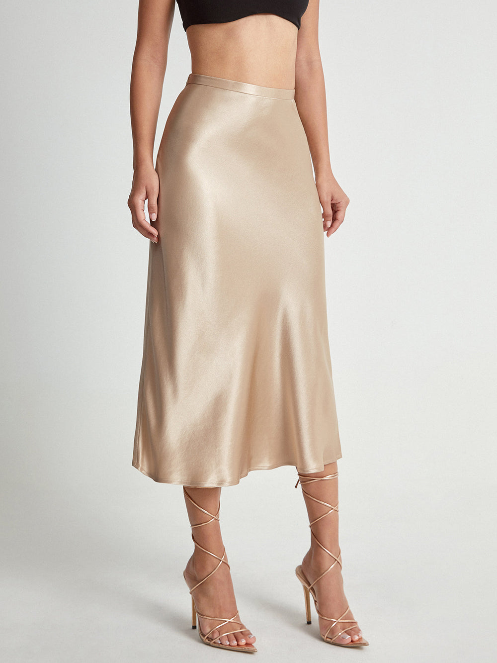 Jupe Midi Fluide Satinée Taille Haute