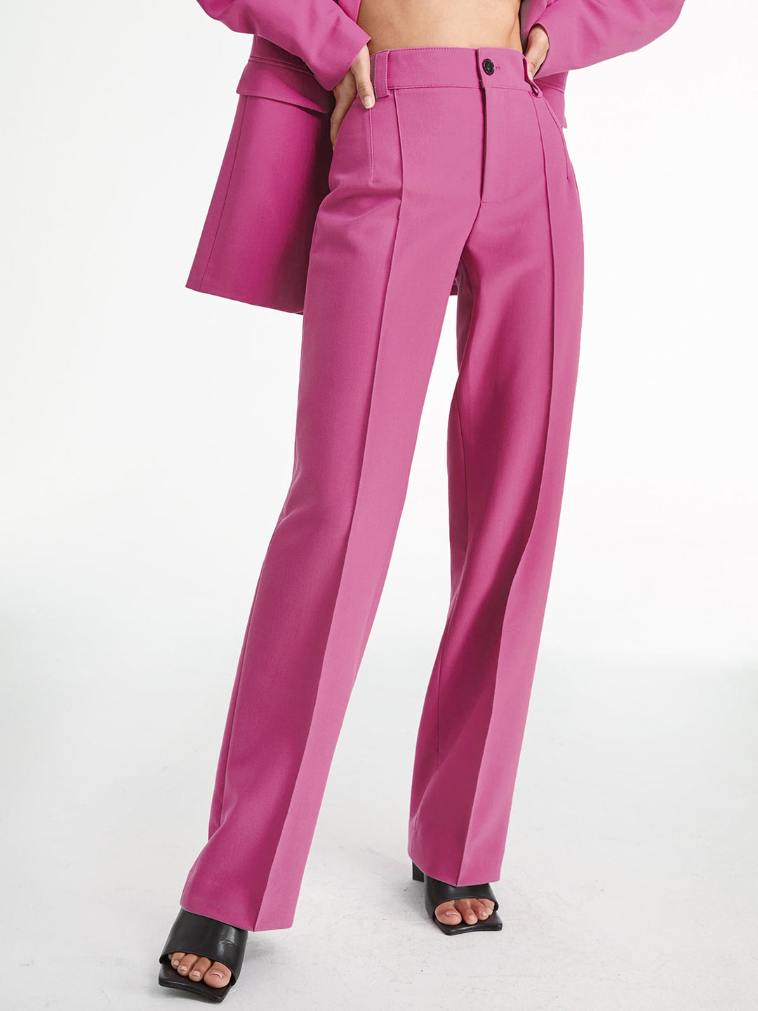 Pantalon Droit Taille Haute à Plis, Couleur Unie