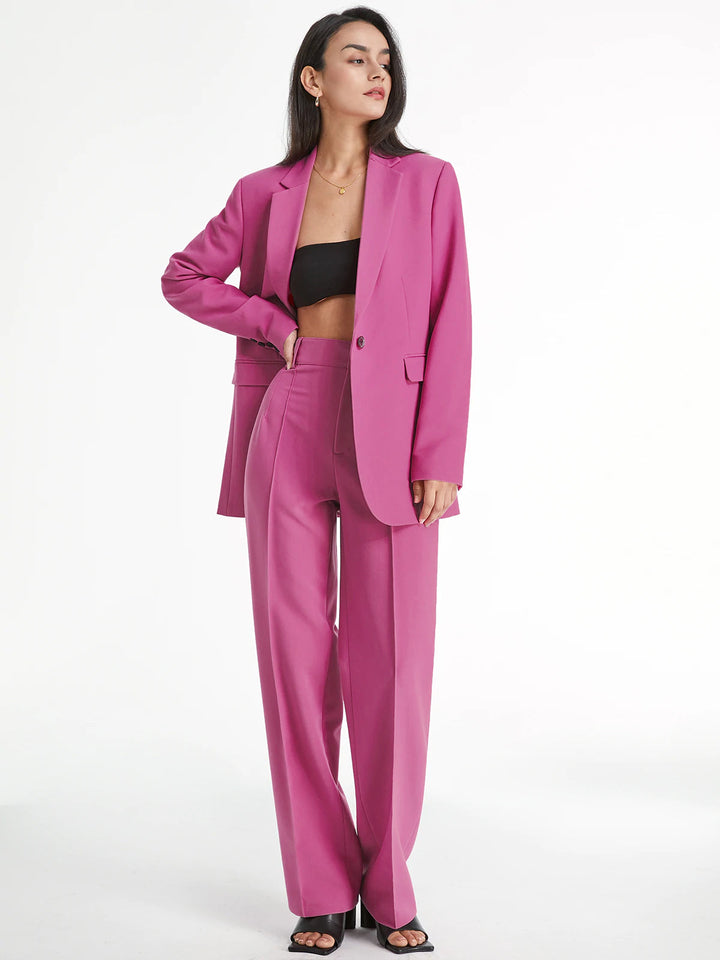 Pantalon Droit Taille Haute à Plis, Couleur Unie