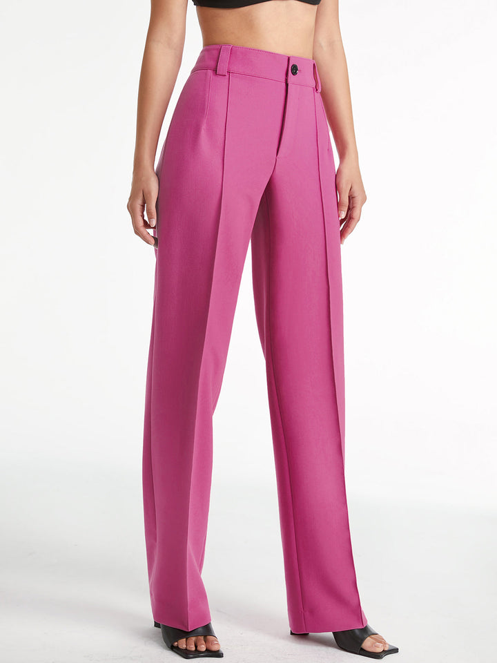Pantalon Droit Taille Haute à Plis, Couleur Unie