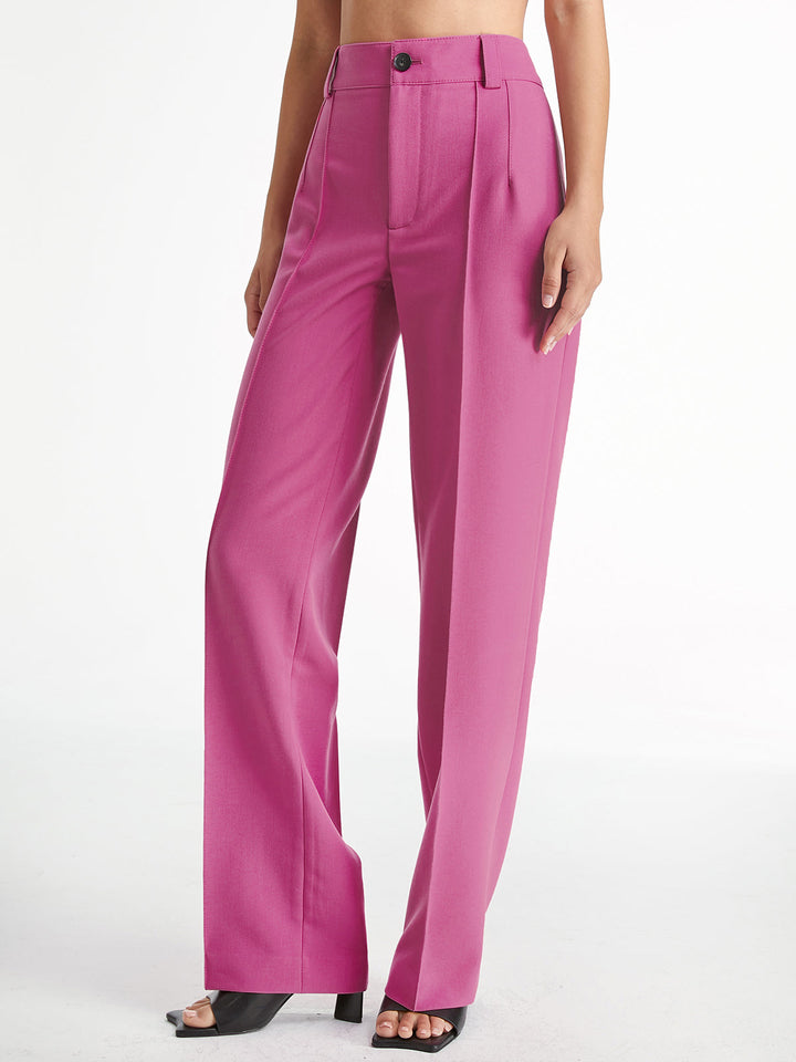 Pantalon Droit Taille Haute à Plis, Couleur Unie