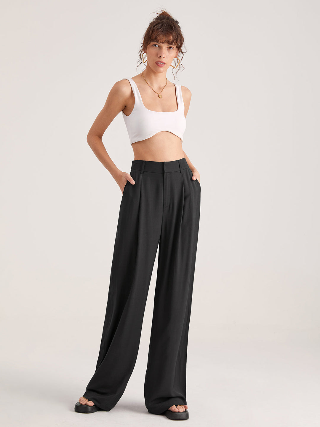 Pantalon ample taille haute plissé