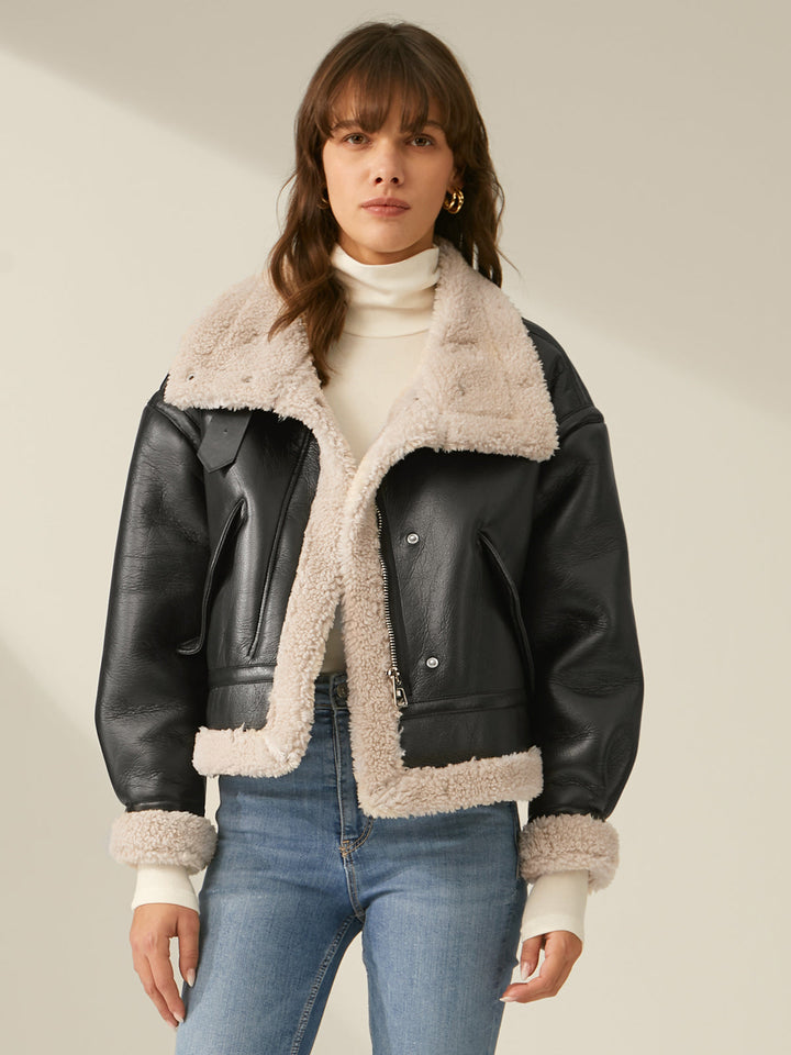 Veste de vol en cuir doublée sherpa et shearling