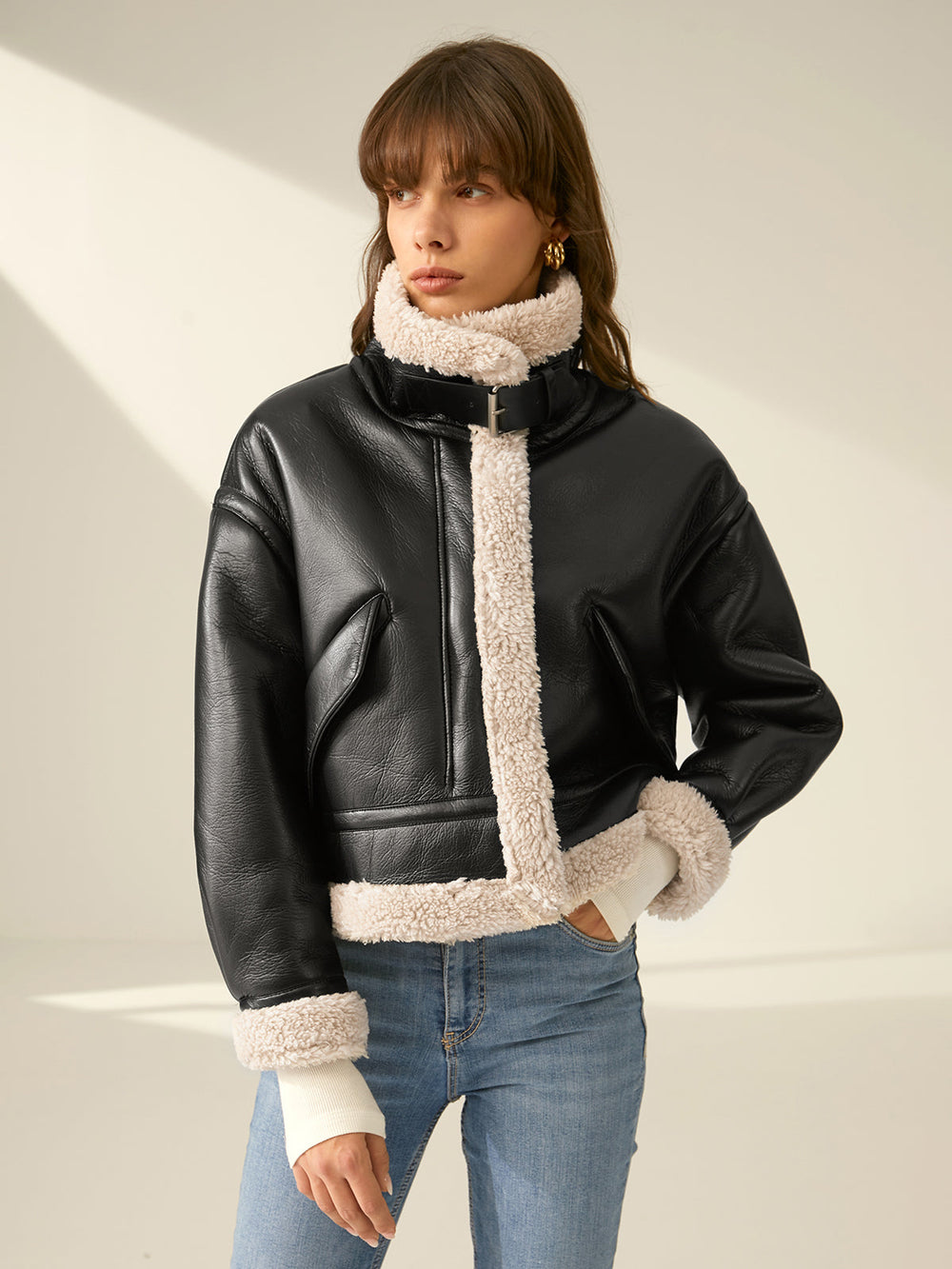 Veste de vol en cuir doublée sherpa et shearling