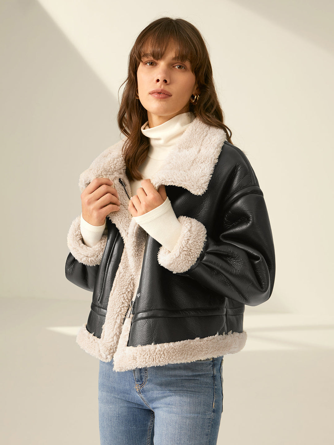 Veste de vol en cuir doublée sherpa et shearling