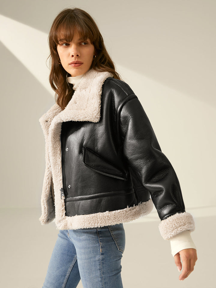 Veste de vol en cuir doublée sherpa et shearling