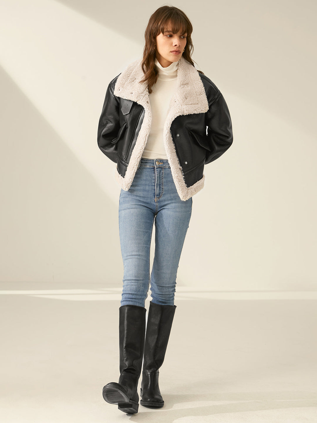 Veste de vol en cuir doublée sherpa et shearling