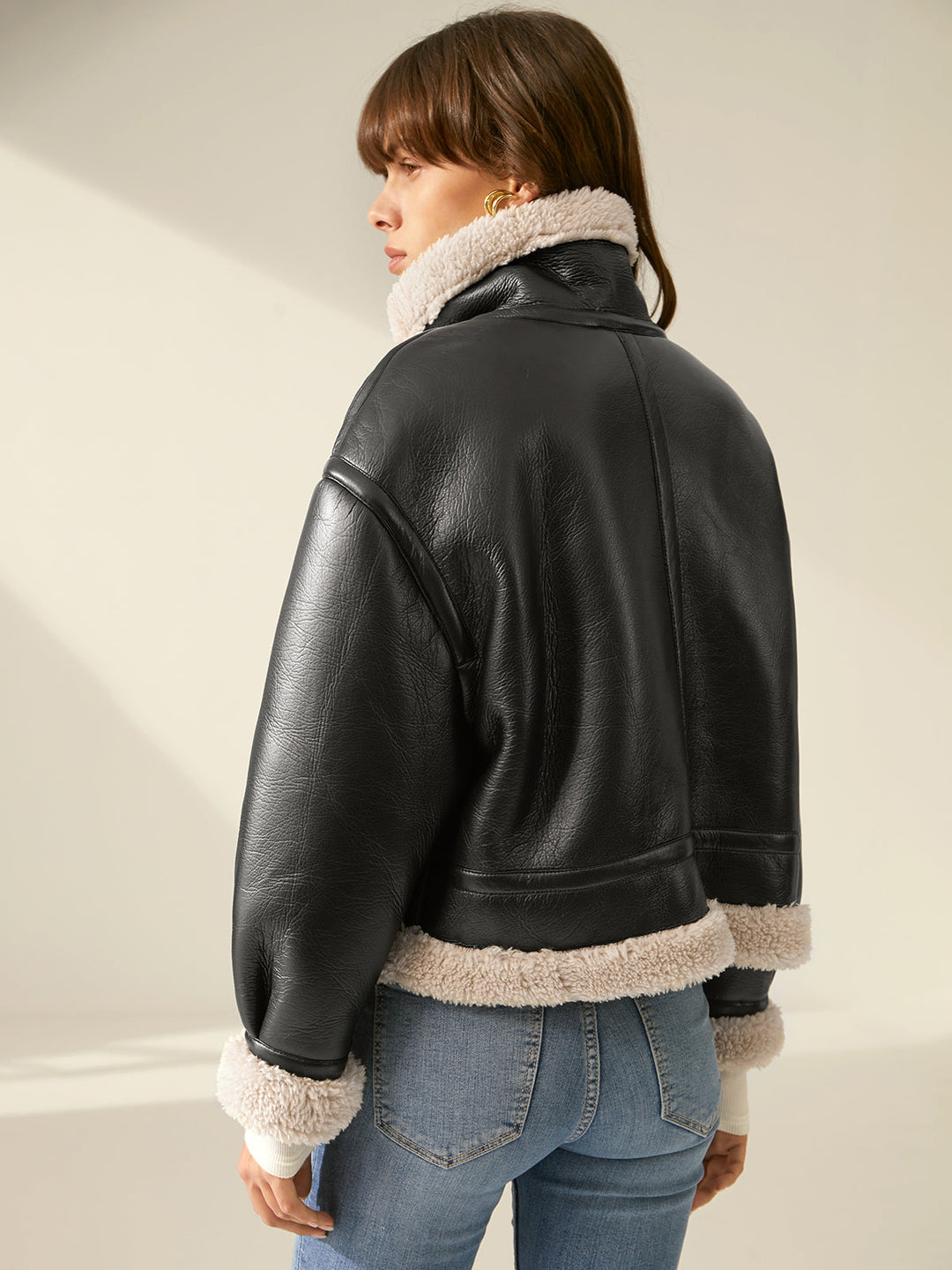 Veste de vol en cuir doublée sherpa et shearling
