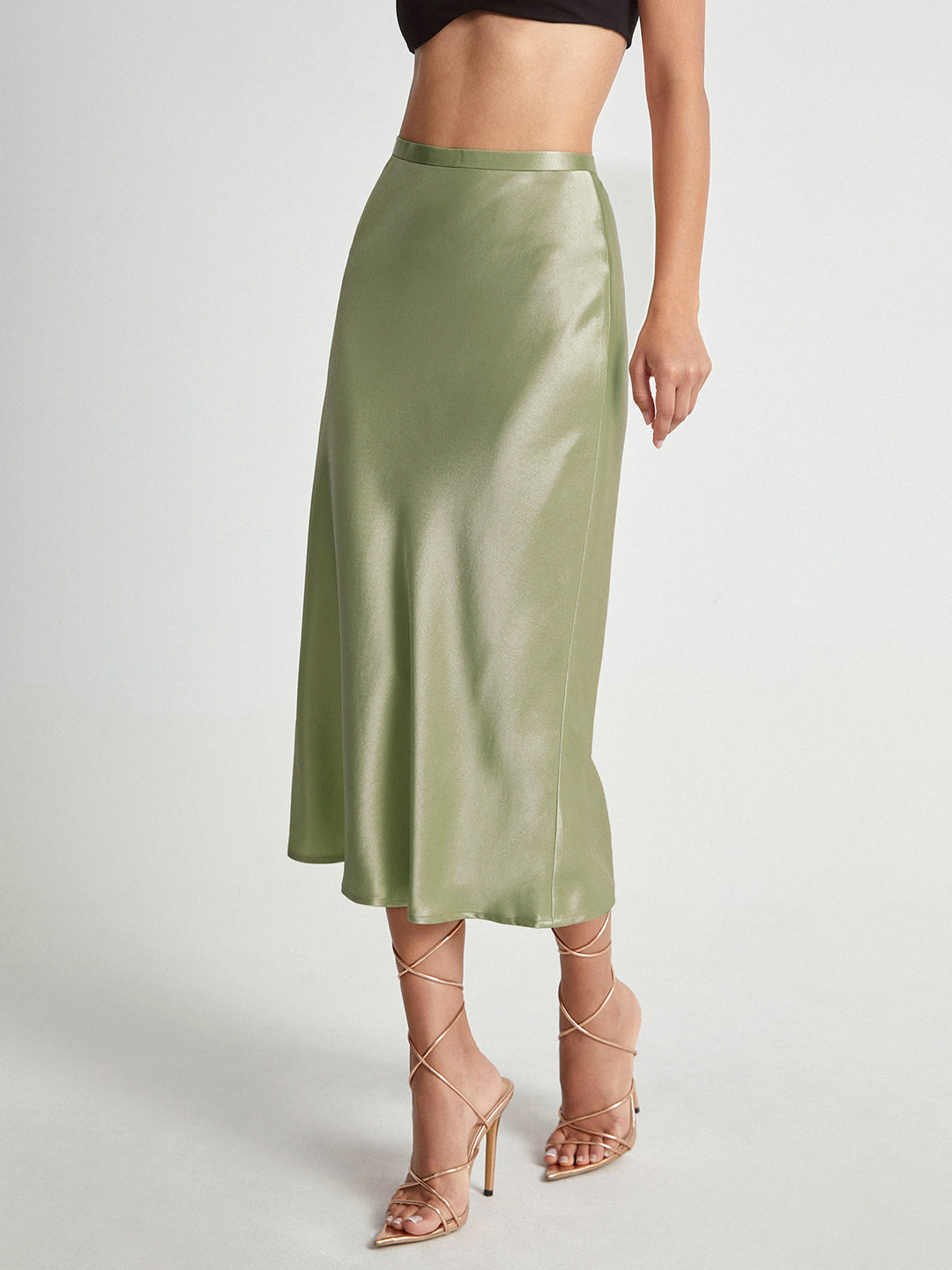 Jupe Midi Fluide Satinée Taille Haute