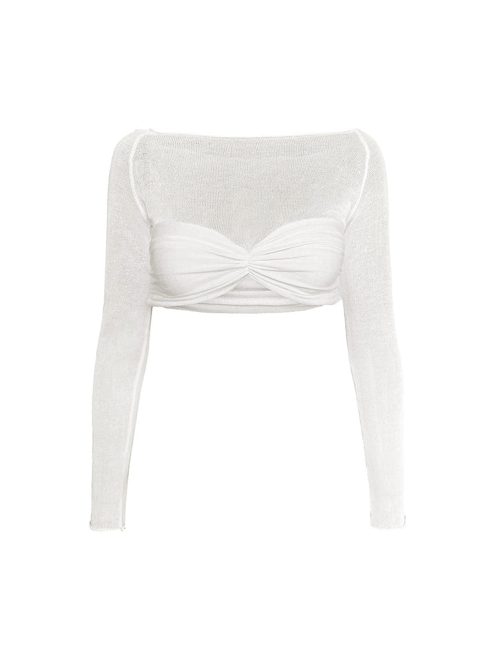 T-Shirt Court Semi-Transparente à Épaule Dénudée en Maille