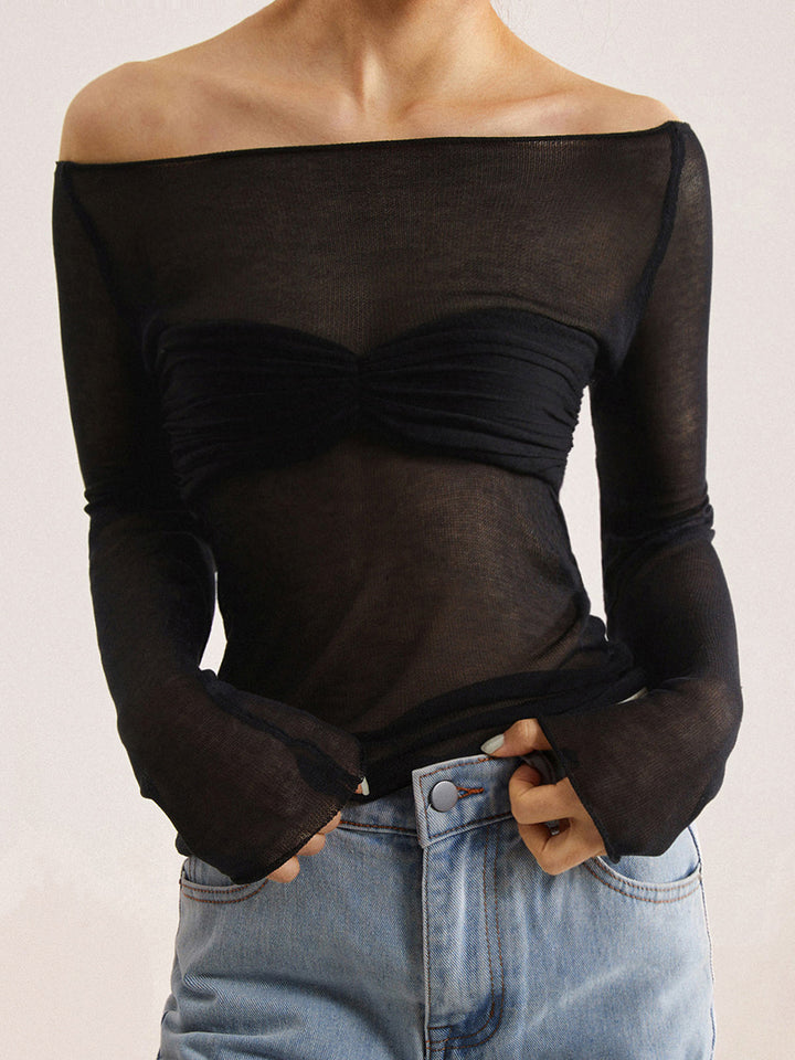 Chemise Manches Longues Semi-Transparente à Épaule Dévoilée en Mesh