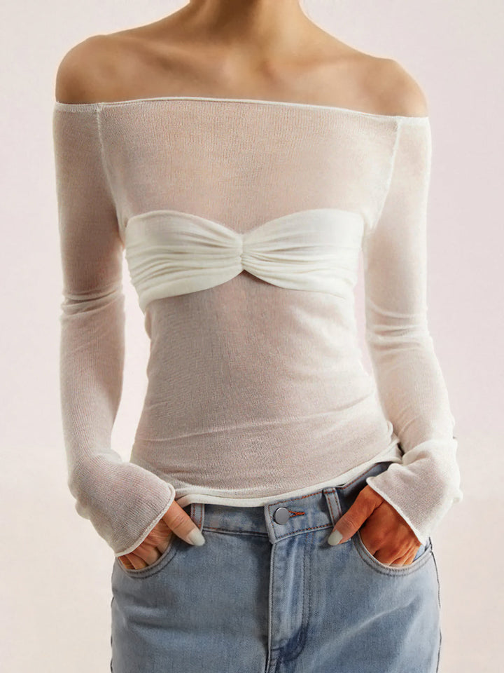 Chemise Manches Longues Semi-Transparente à Épaule Dévoilée en Mesh