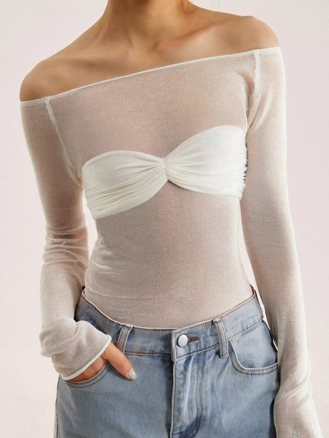 Chemise Manches Longues Semi-Transparente à Épaule Dévoilée en Mesh
