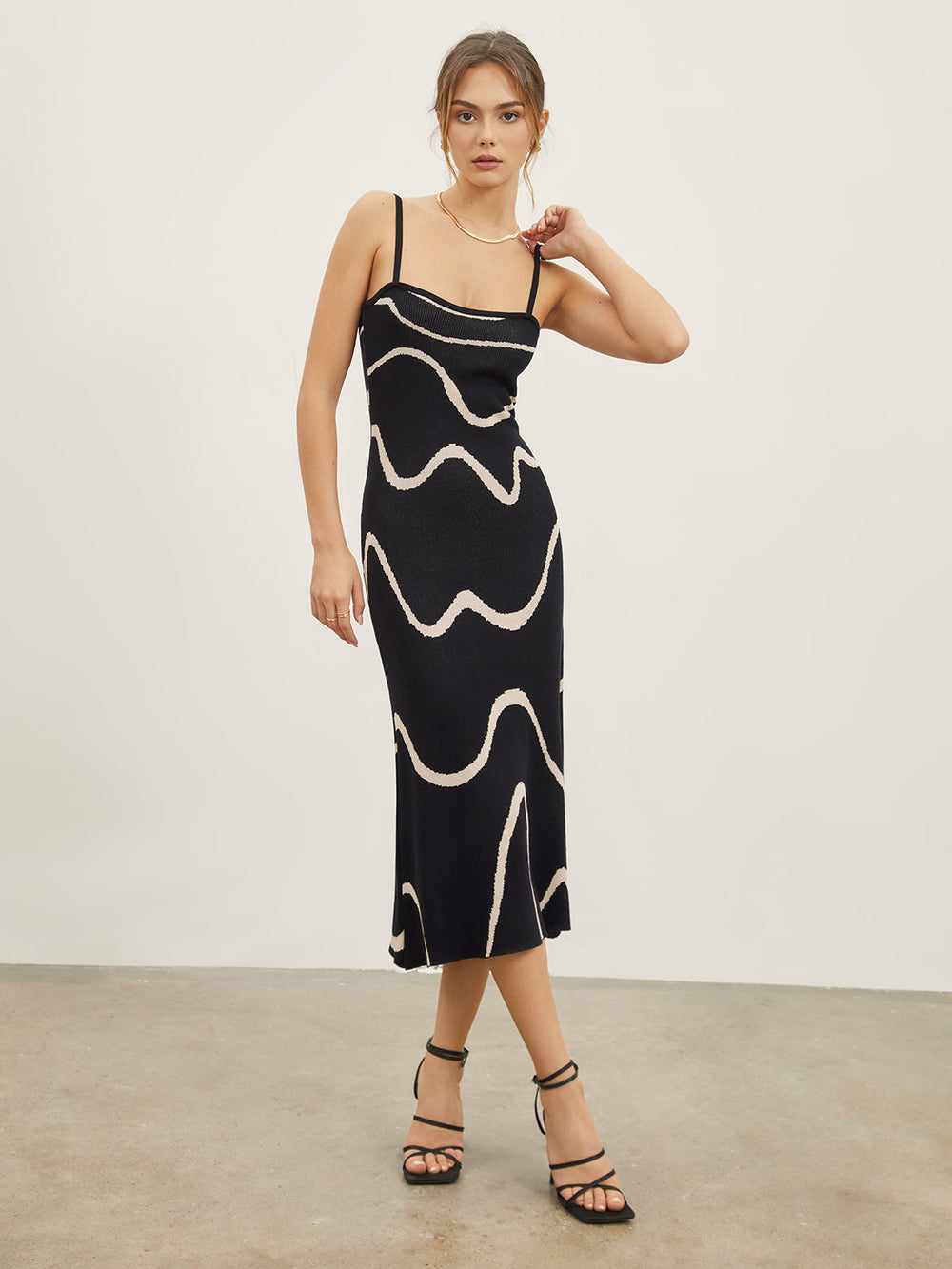 Robe Mi-longue à Bretelles Imprimé Ondulé