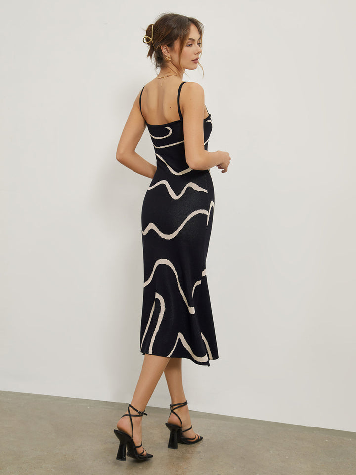 Robe Mi-longue à Bretelles Imprimé Ondulé