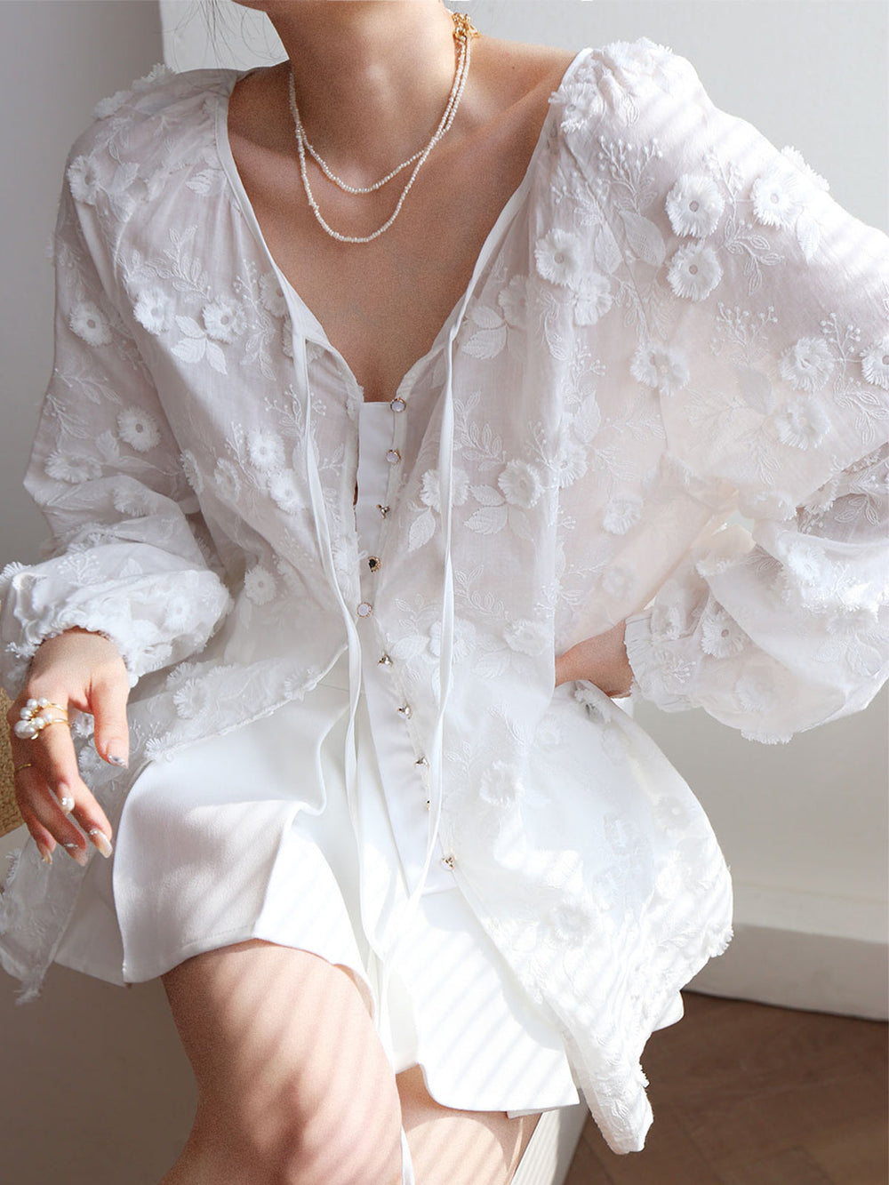 Blouse Fleurie Brodé Semi-transparente Oversize