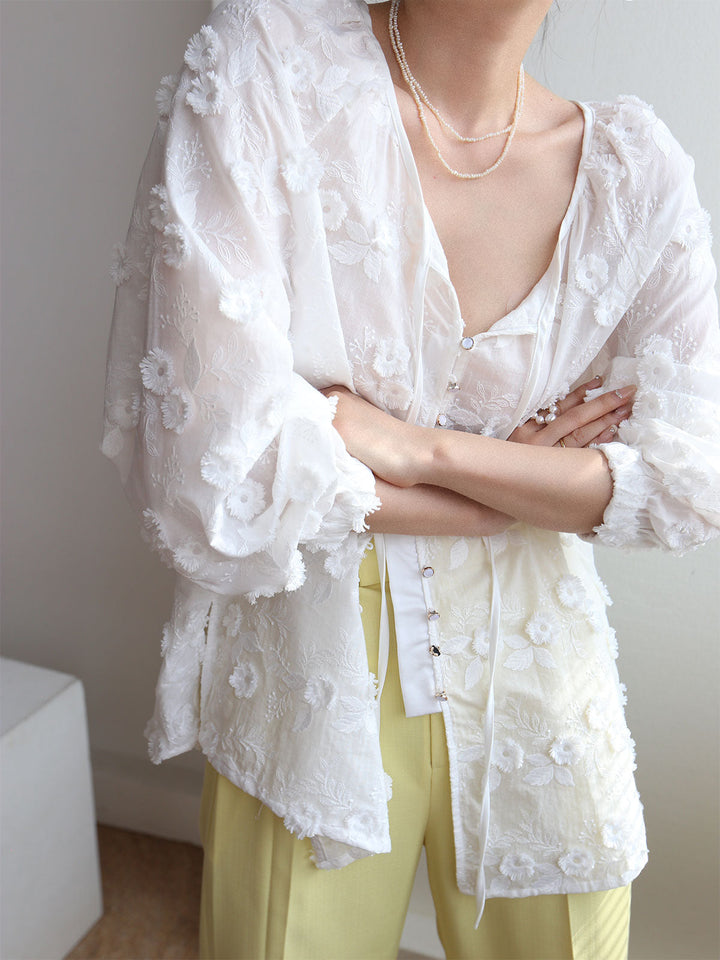 Blouse Fleurie Brodé Semi-transparente Oversize
