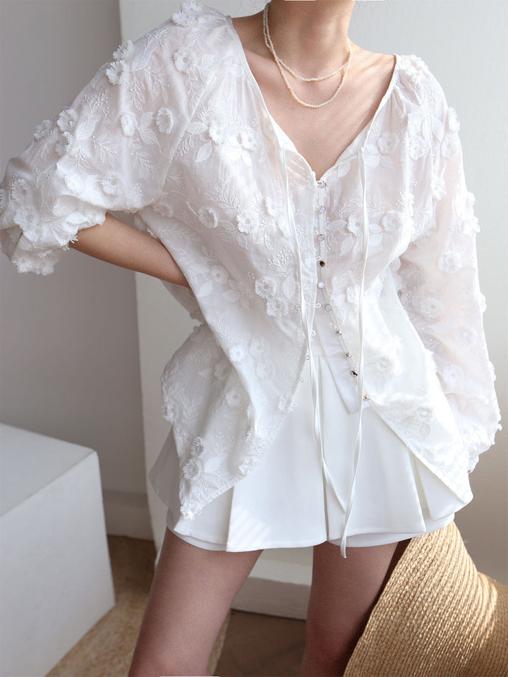 Blouse Fleurie Brodé Semi-transparente Oversize