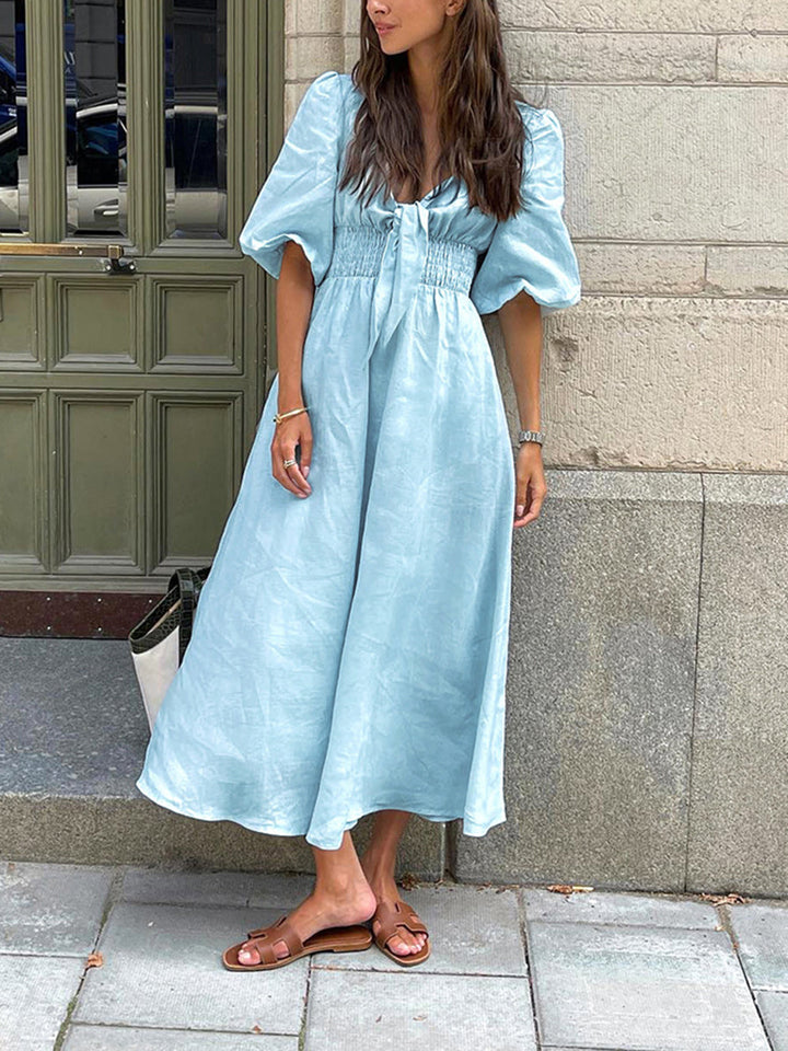 Robe Mi-longue en Coton et Lin avec Liens à l'Avant