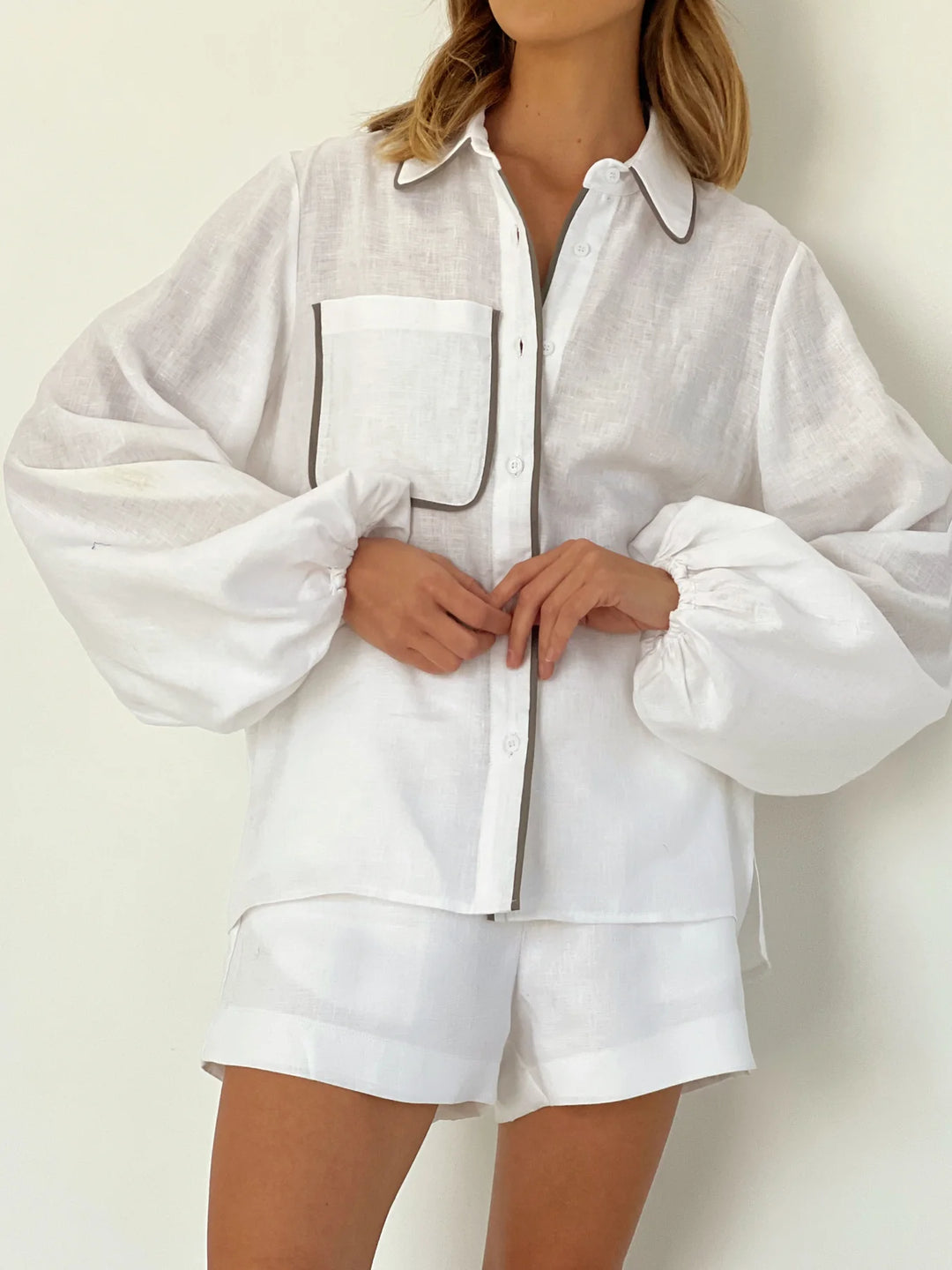 Ensemble short deux pièces en coton et lin à bordure contrastée