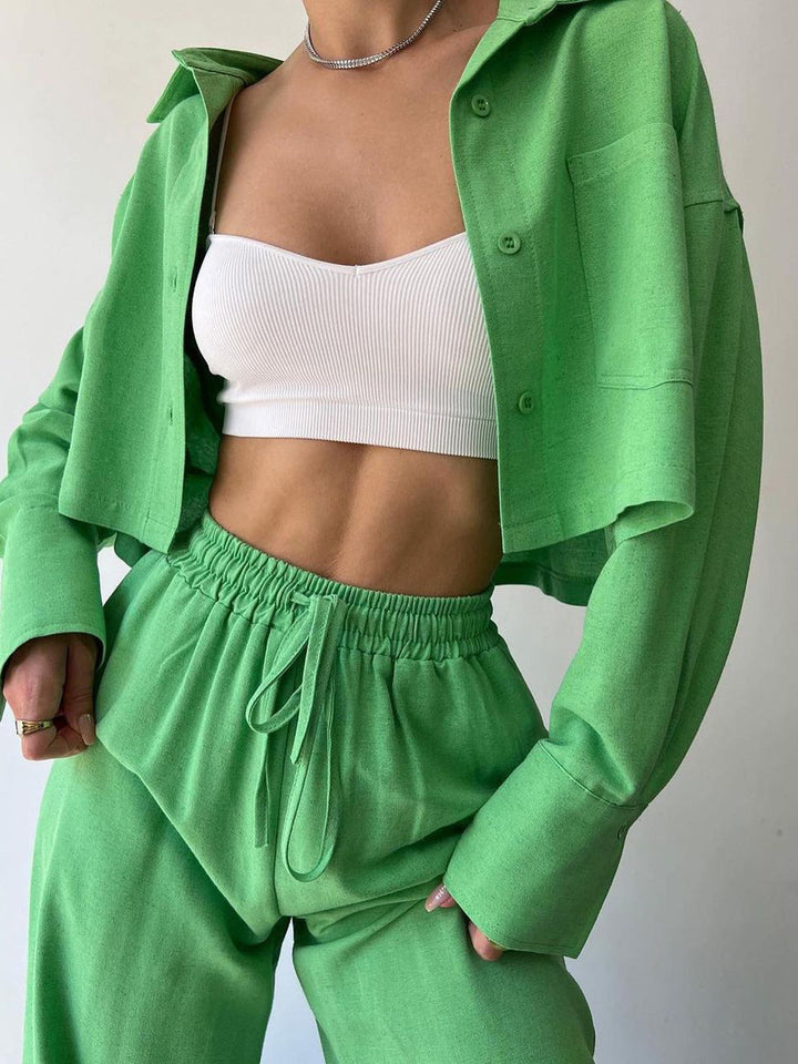 Ensemble pantalon deux pièces à cordon de serrage et col