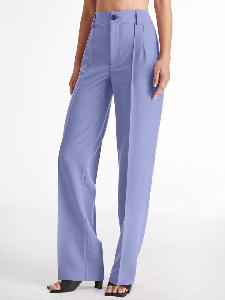Pantalon Droit Taille Haute à Plis, Couleur Unie