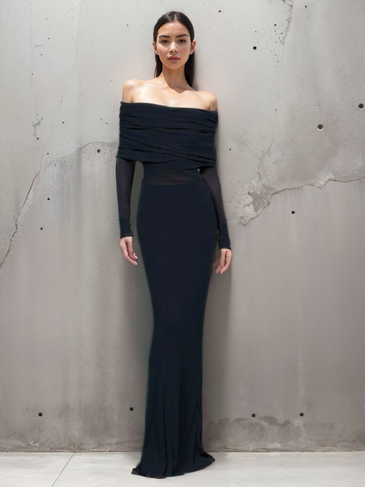 Robe Longue Semi-Transparente à Épaules Dégagées en Maille à Manches Longues
