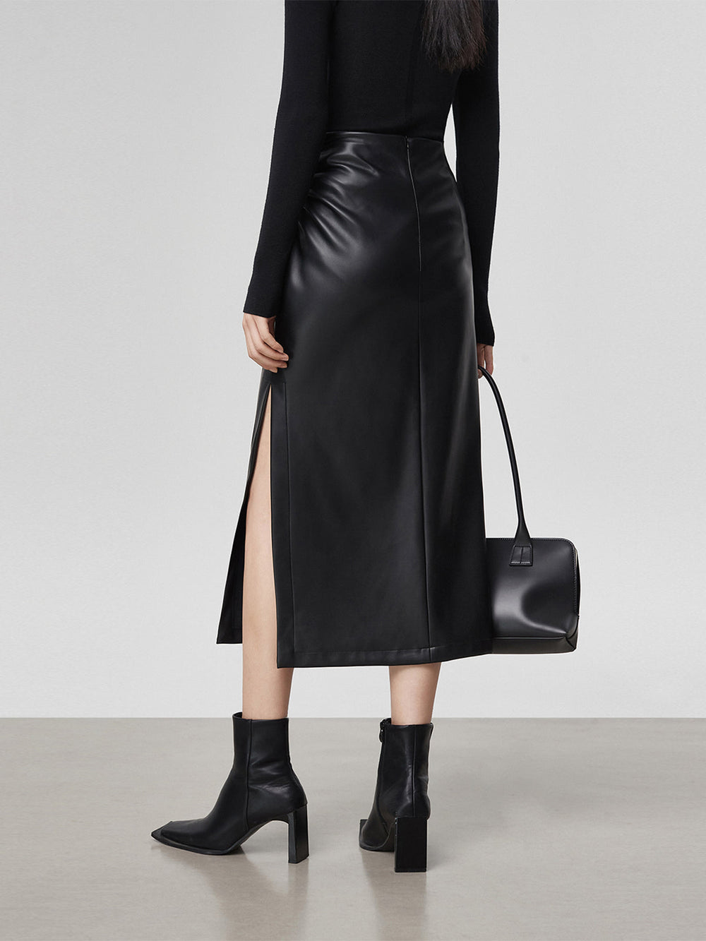 Jupe Midi Faux Cuir Ruchée à Fente