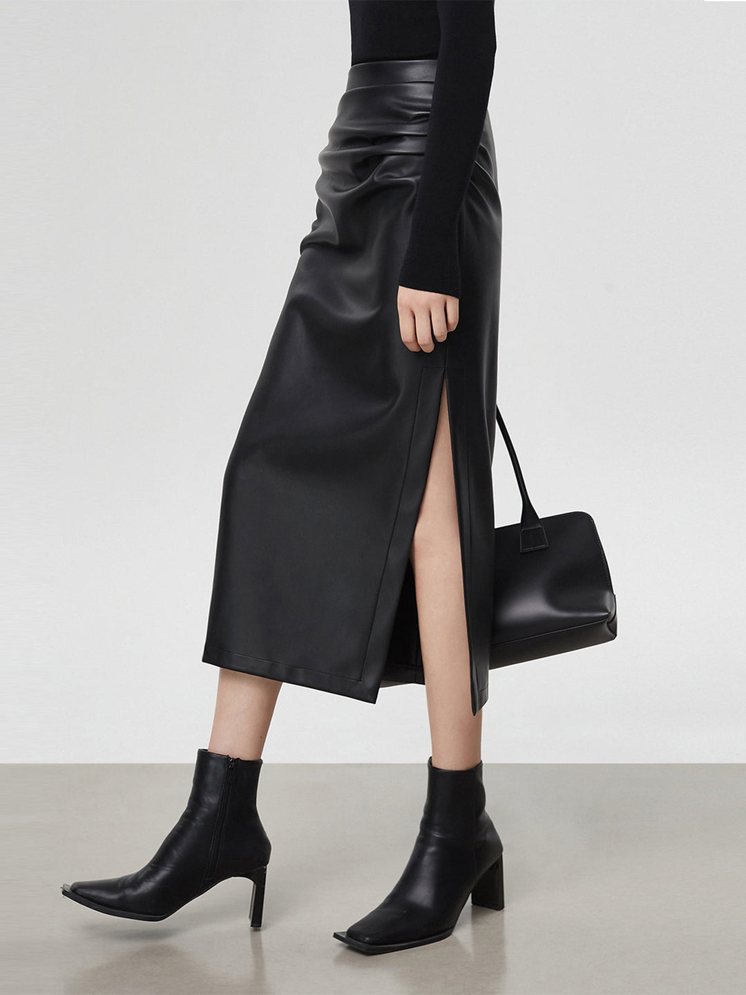 Jupe Midi Faux Cuir Ruchée à Fente