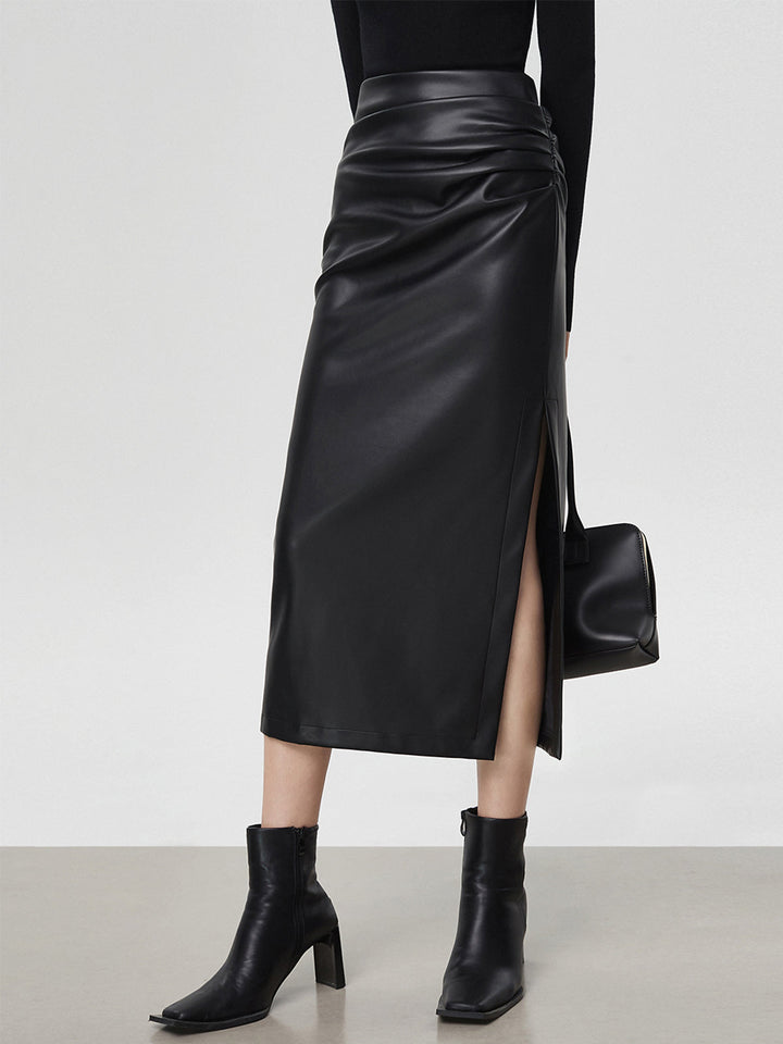 Jupe Midi Faux Cuir Ruchée à Fente