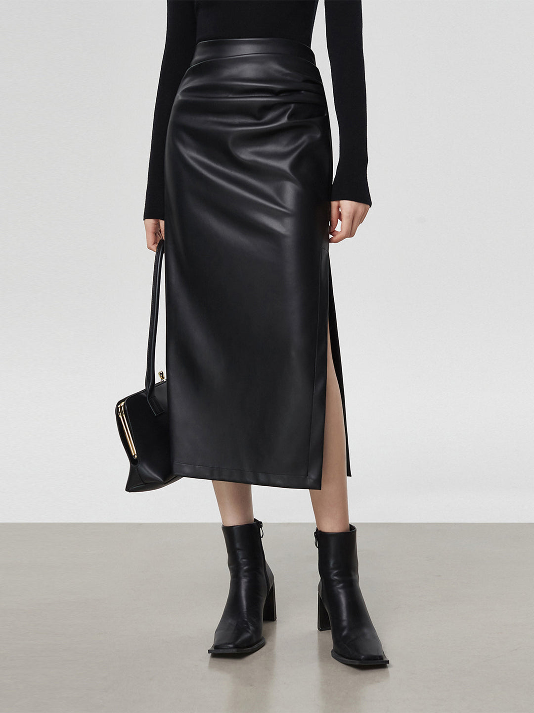 Jupe Midi Faux Cuir Ruchée à Fente