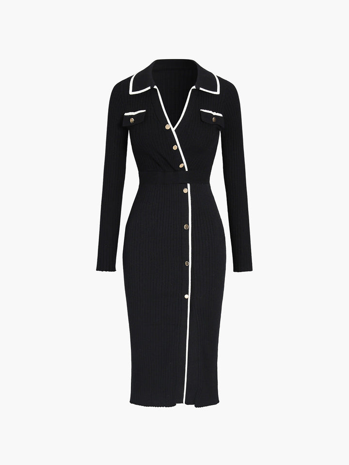 Robe Mi-longue en Tricot à Bordures Contrastées