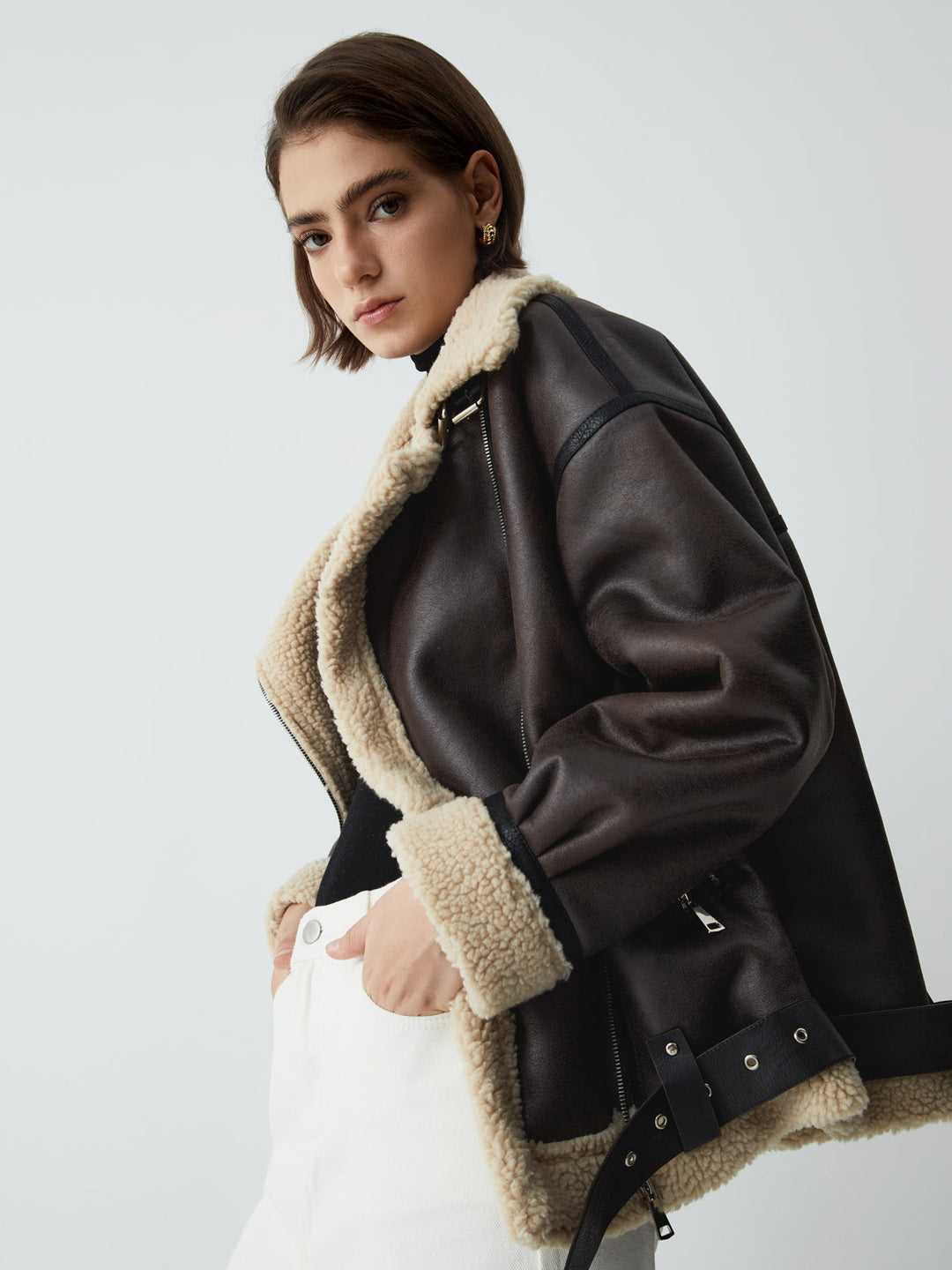 Veste de vol classique doublée en mouton retourné en cuir