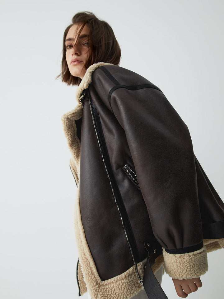 Veste de vol classique doublée en mouton retourné en cuir