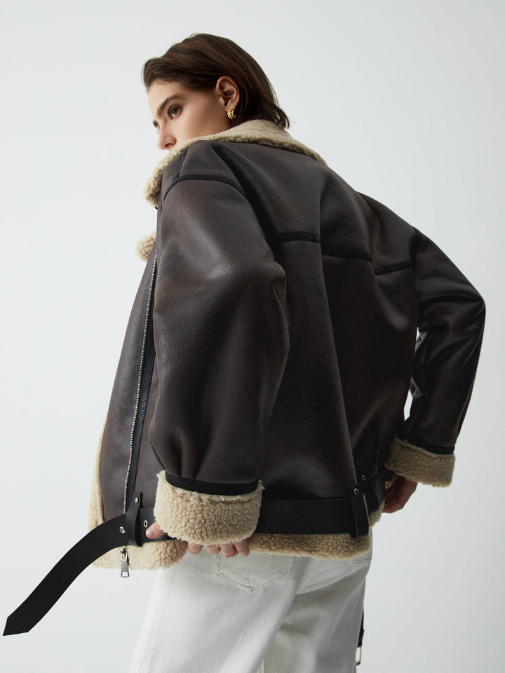 Veste de vol classique doublée en mouton retourné en cuir