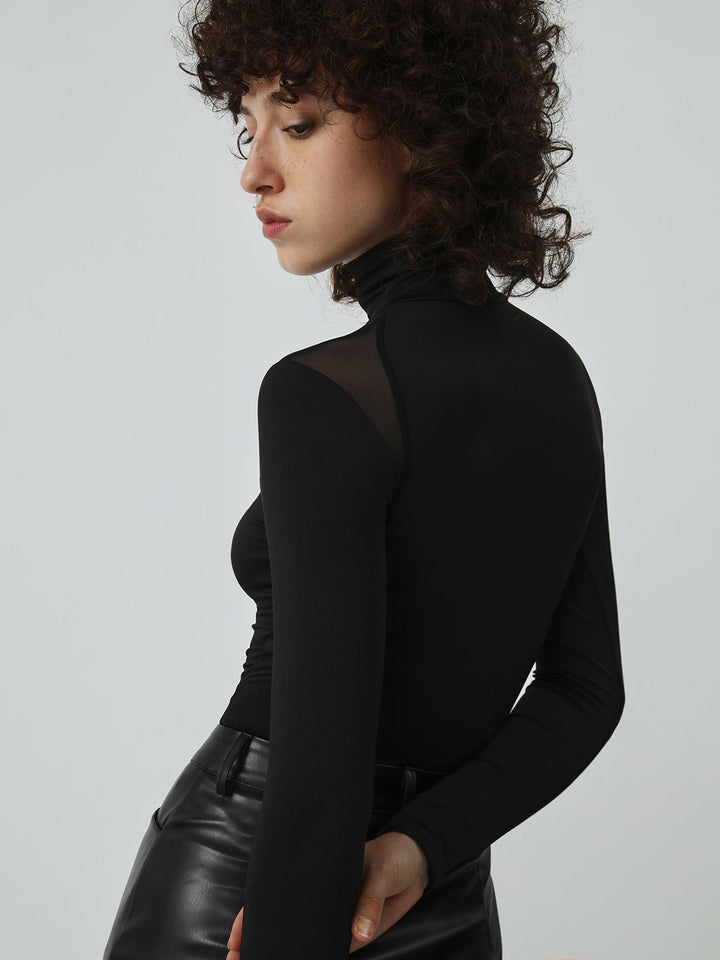 Bodysuit à col roulé en résille patchwork à manches longues