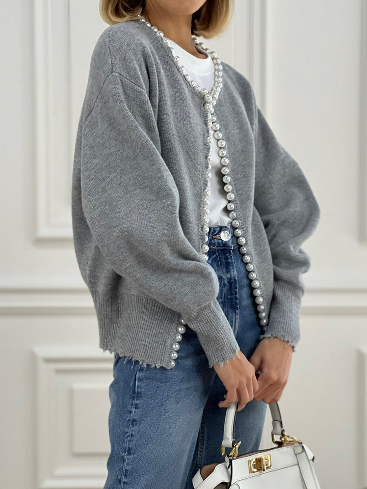 Cardigan à ourlet déchiré avec garniture en perles