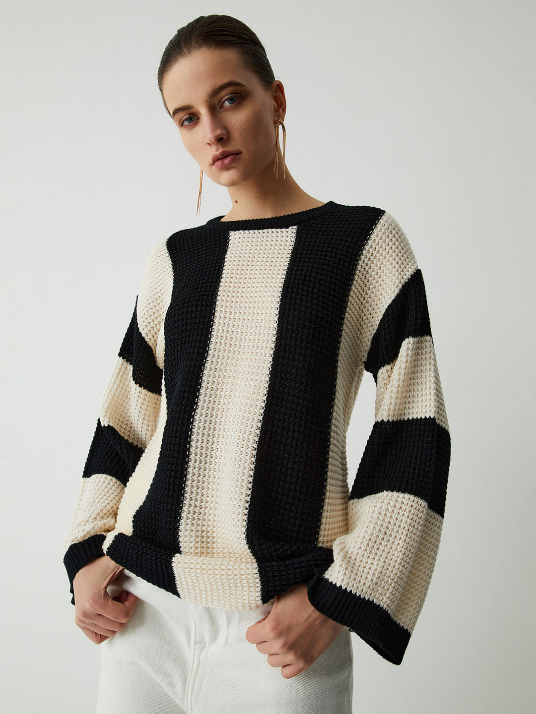 Pull Col V Dentelle Rayé