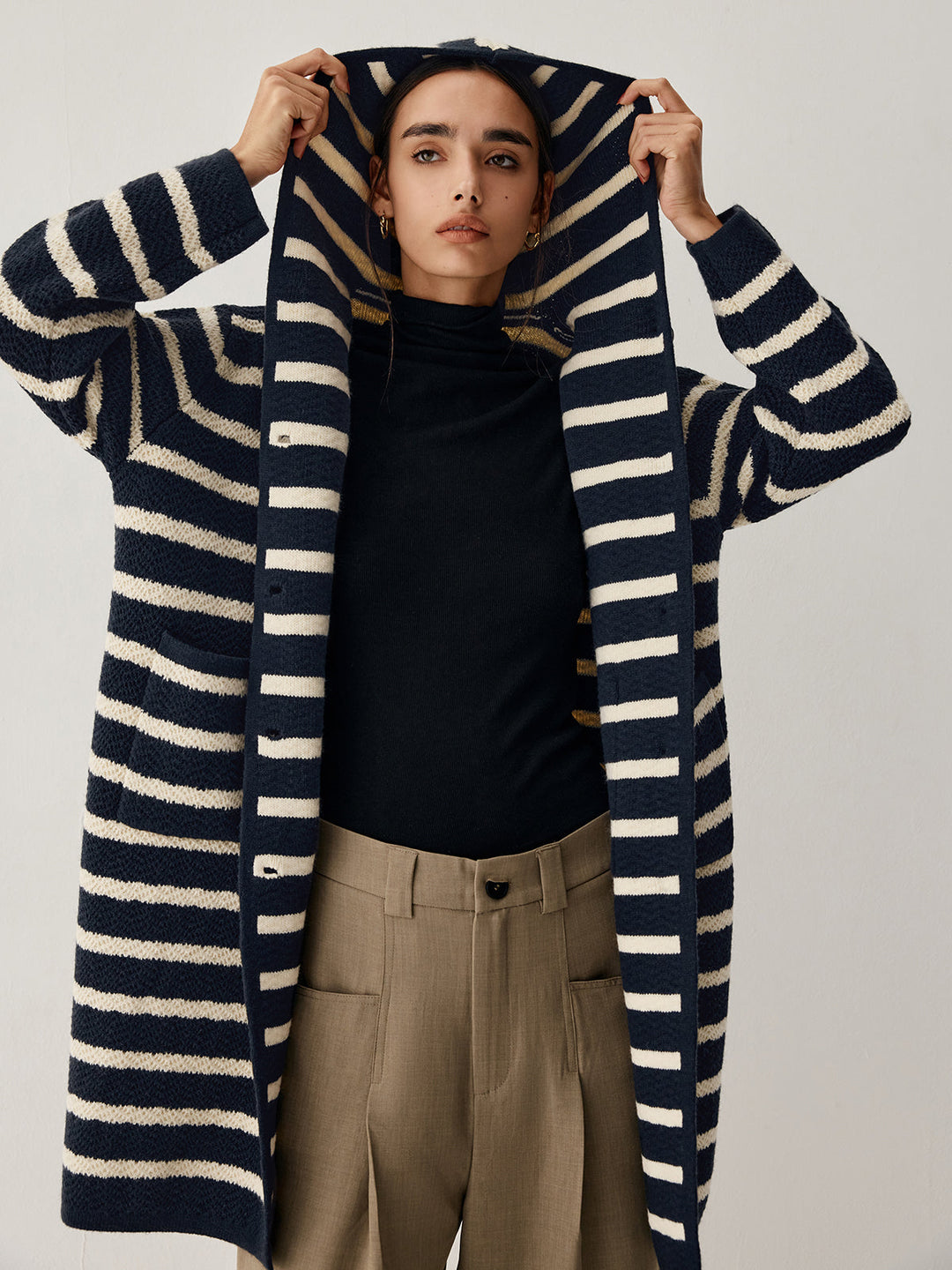 Cardigan Longline à Capuche à Rayures