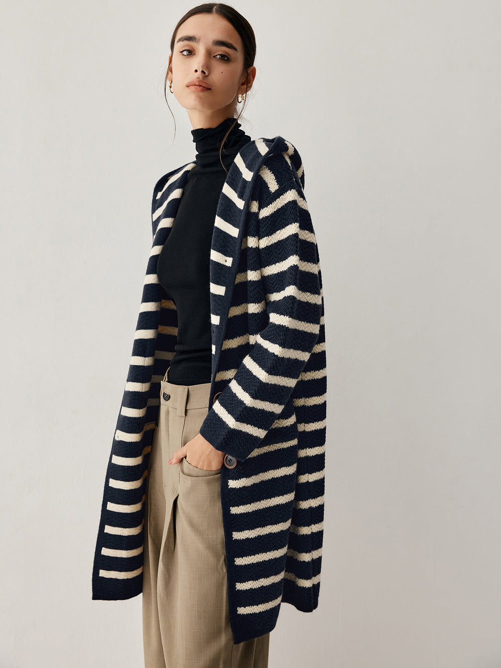 Cardigan Longline à Capuche à Rayures