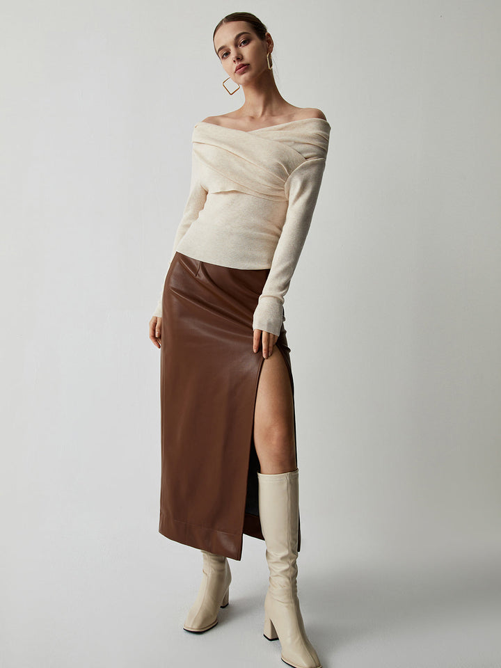 Haut en tricot à manches longues et col Bardot drapé