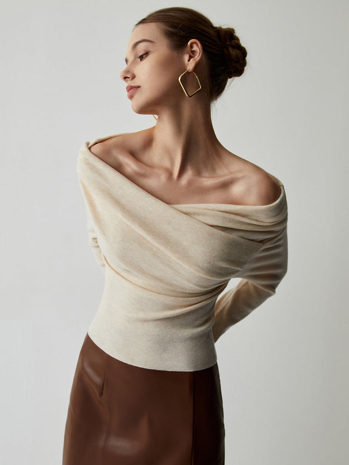 Haut en tricot à manches longues et col Bardot drapé