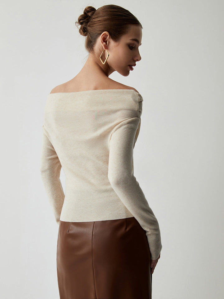 Haut en tricot à manches longues et col Bardot drapé