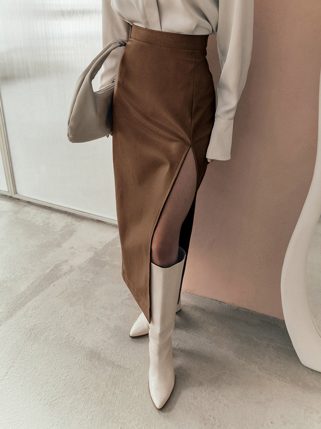 Jupe Midi en Faux Cuir Chic Silencieux avec Fente