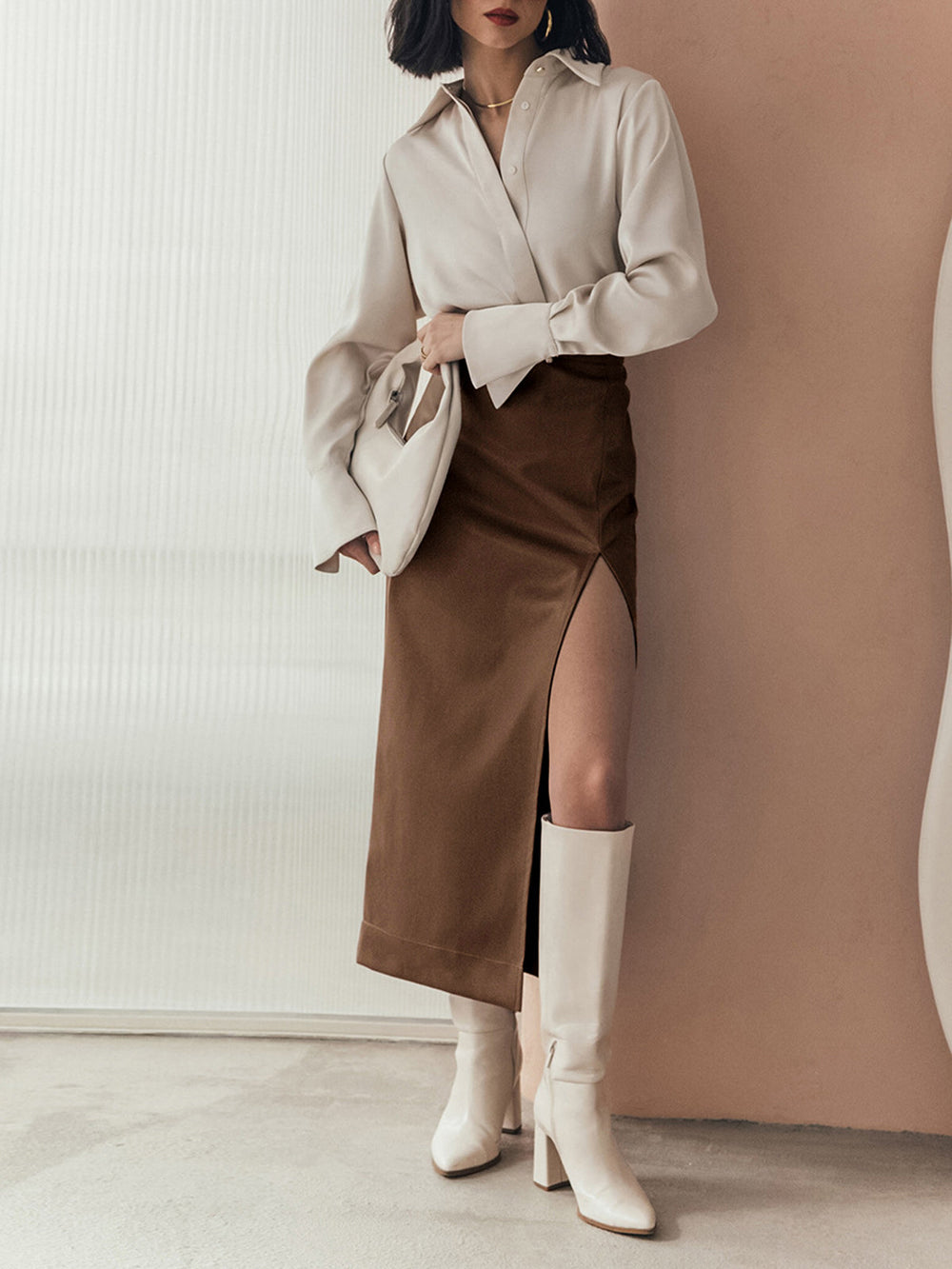 Jupe Midi en Faux Cuir Chic Silencieux avec Fente