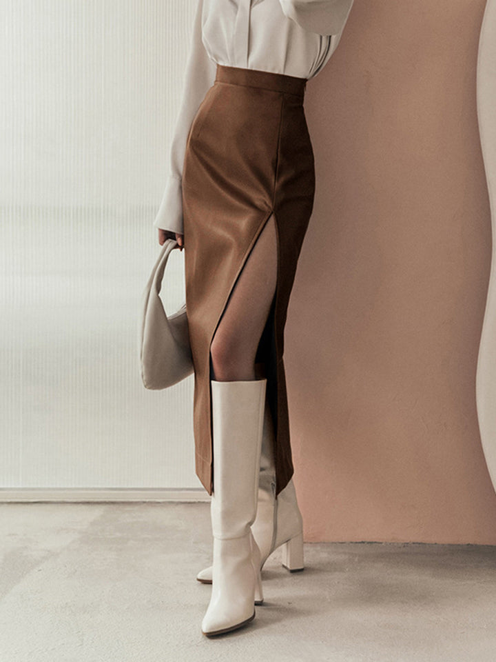 Jupe Midi en Faux Cuir Chic Silencieux avec Fente